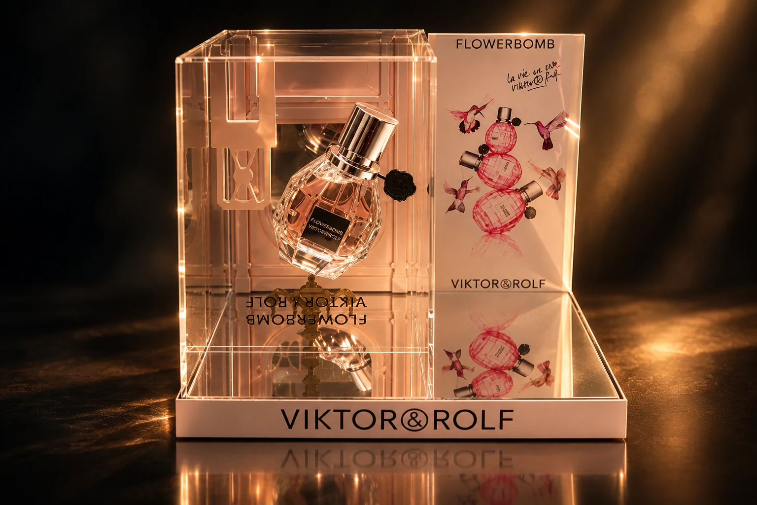 Mise en scène du présentoir Flowerbomb dans une lumière rose et dorée